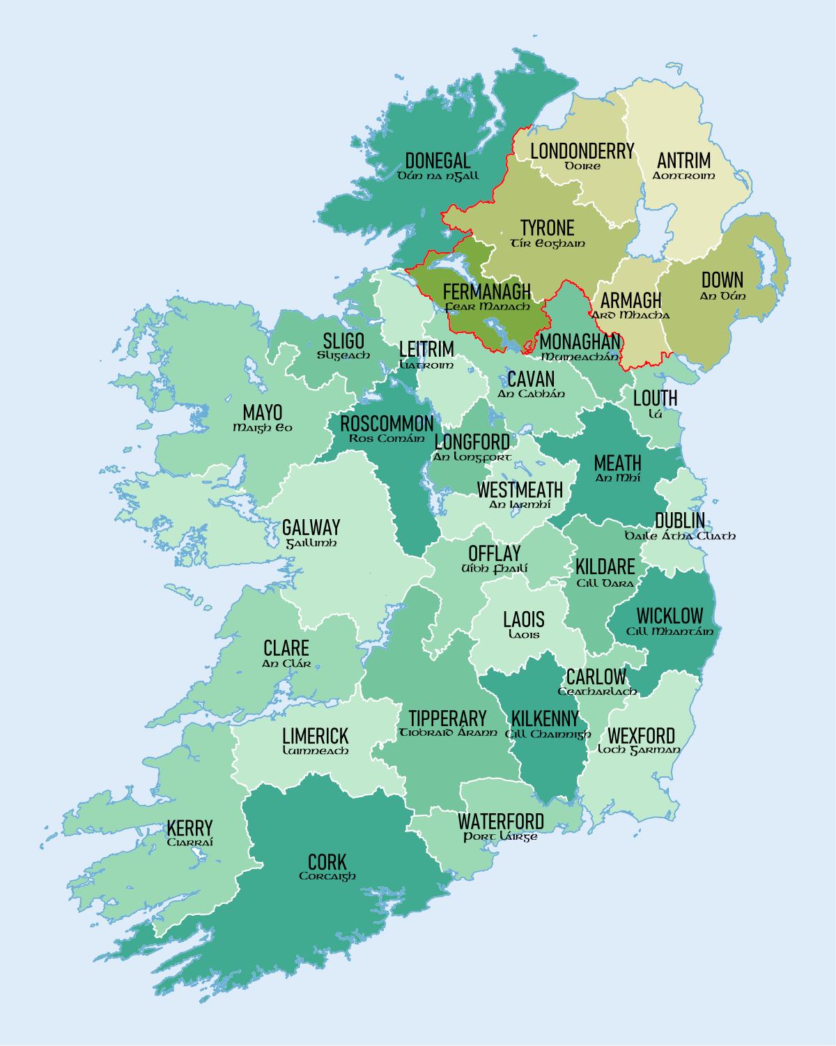 Irlannin tasavallan kartta läänit - Kartta irlannin tasavallan osoittaa  maakunnat (Pohjois-Eurooppa - Eurooppa)