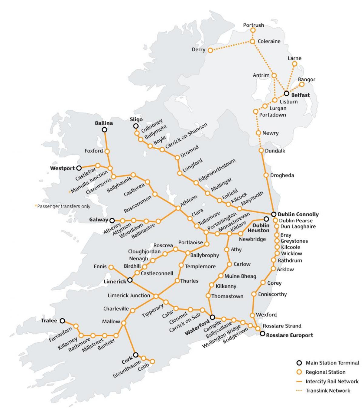 Irlanti juna kartta - Junan matka-irlannin kartta (Pohjois-Eurooppa -  Eurooppa)