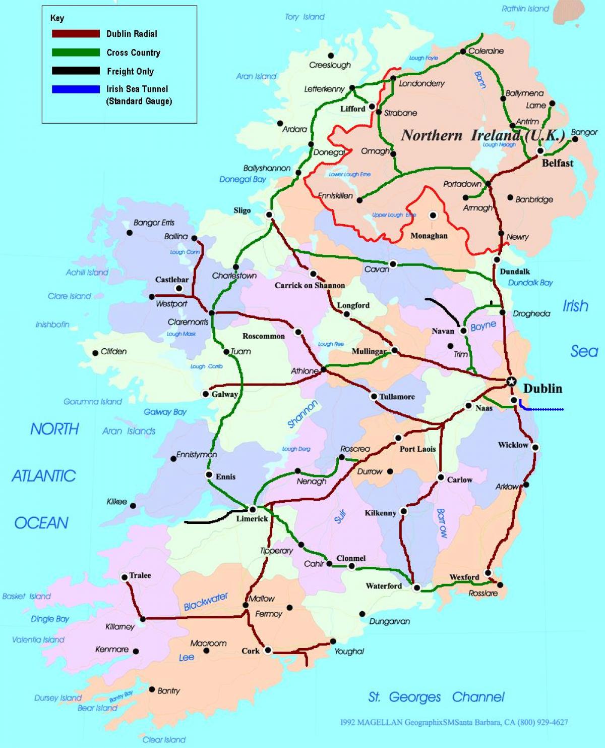 Kartta irlanti rail - järjestelmä- Kartta juna reitit irlannissa (Pohjois- Eurooppa - Eurooppa)