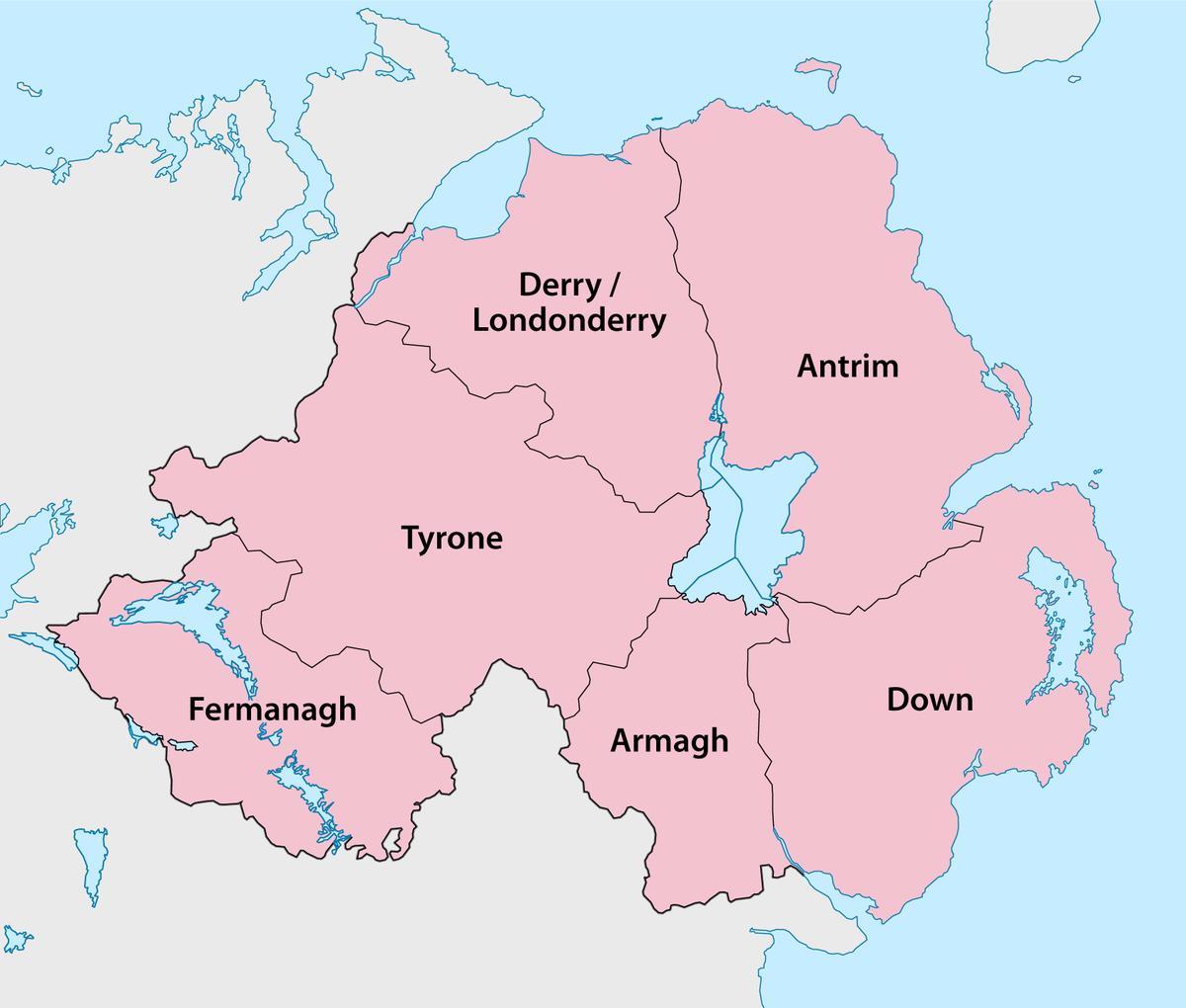 Kartta pohjois-irlannin maakunnat - Kartta pohjois-irlannin maakunnat ja  kaupungit (Pohjois-Eurooppa - Eurooppa)
